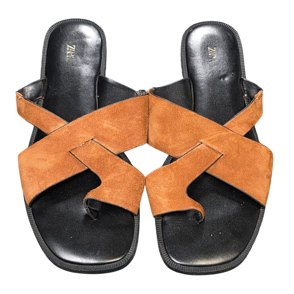 Zara Suede Crossover Toe Loop Flat Sandals Women's Size 37 US 6.5 Brown Slip On - Picture 1 of 8